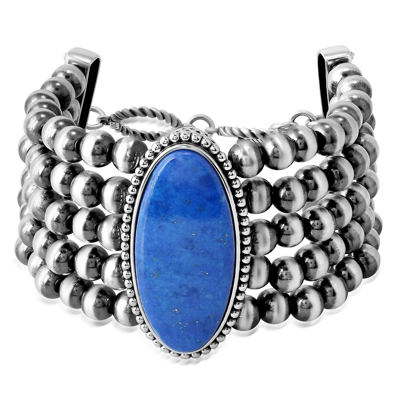 American West Jewelry Sterling Silver Oval Denim Lapis Oval Cut Beaded Toggle Bracelet