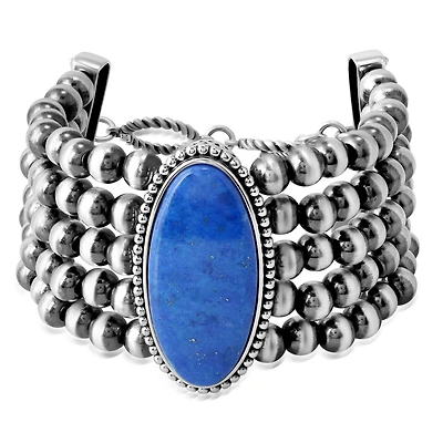 American West Jewelry Sterling Silver Oval Denim Lapis Oval Cut Beaded Toggle Bracelet
