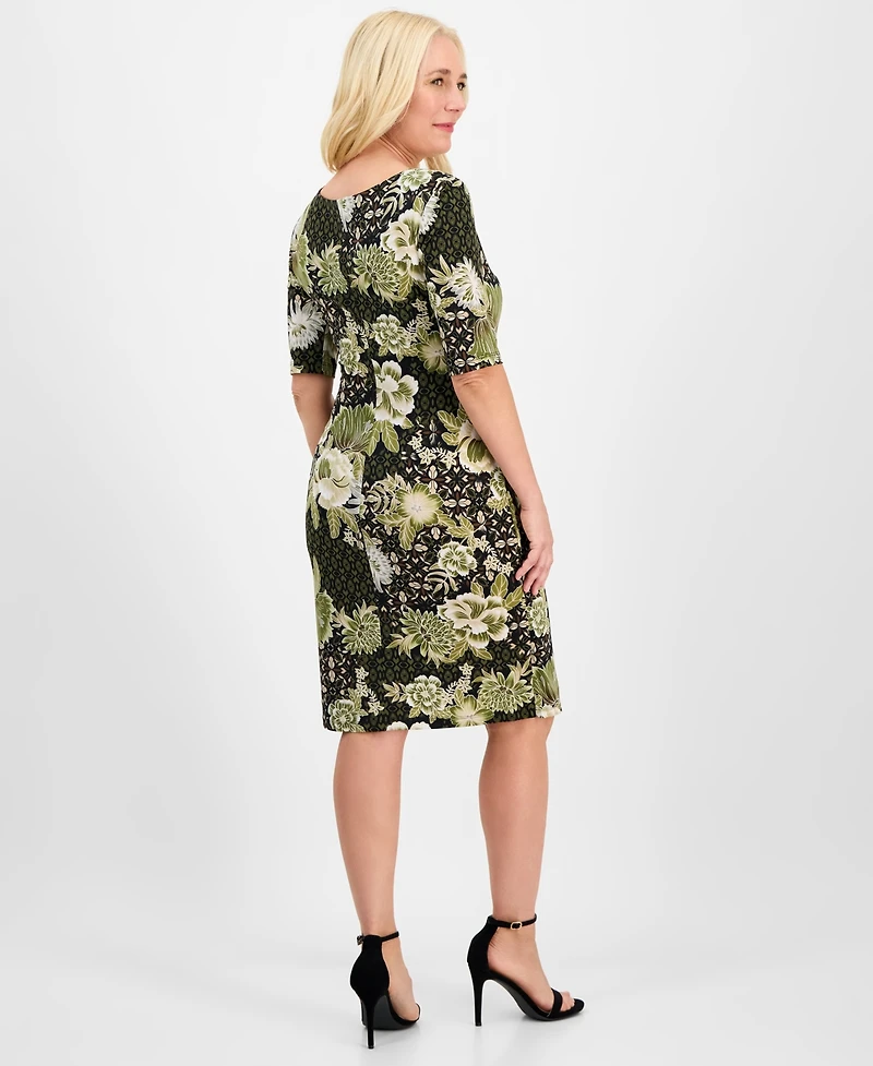 Connected Women's Elbow-Sleeve Side Shirring Midi Dress