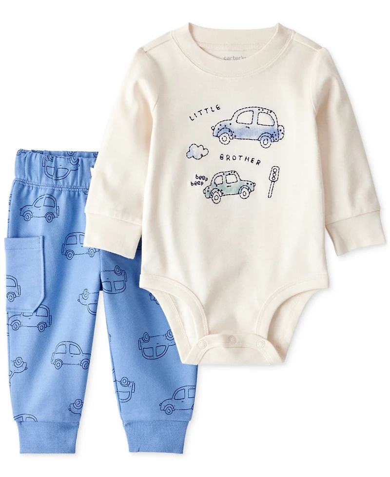 Carter's Baby Boys Cotton Cars Little Brother Long-Sleeve Bodysuit & Pants, 2 Piece Set