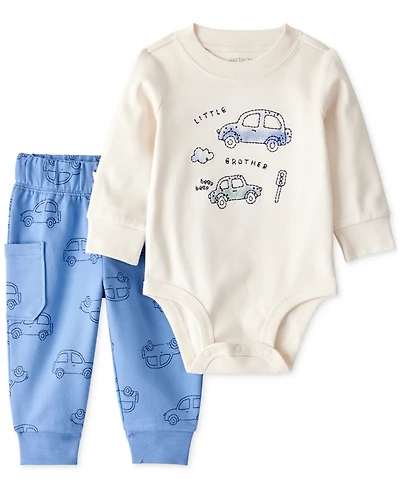 Carter's Baby Boys Cotton Cars Little Brother Long-Sleeve Bodysuit & Pants, 2 Piece Set