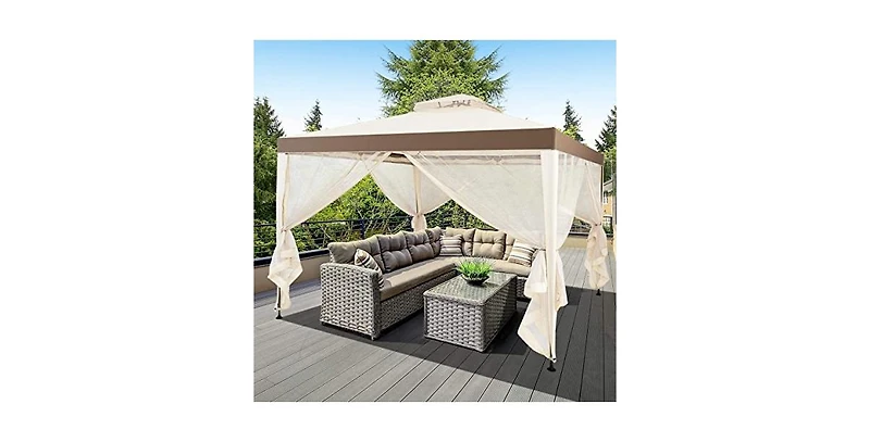 10 x 10 Feet Patio Canopy Gazebo with Neting and Double Tiered Roof