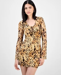 Bar Iii Women's Printed Tie-Neck Long-Sleeve Mesh Dress, Exclusively at Macy's