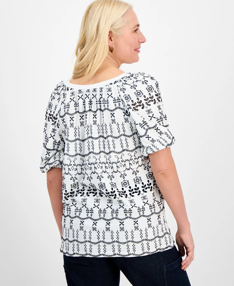 Style & Co Petite Eyelet Summer Split-Neck Top, Exclusively at Macy's