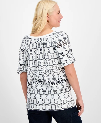 Style & Co Petite Eyelet Summer Split-Neck Top, Exclusively at Macy's