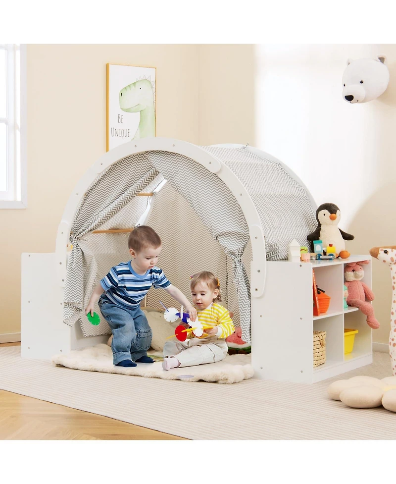 Mecale Wooden Kids Play Tent with Curtain Shades and 8 Cubbies