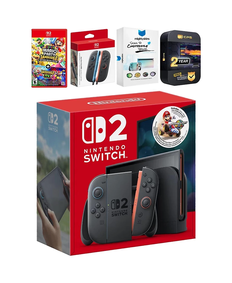 Nintendo Switch 2 + Mario Kart World Bundle with Super Mario Party Jamboree, Extra Joy-Cons, MightySkins Code and 2 Cps Year Extended Warranty