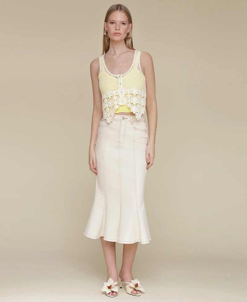 Avec Les Filles Women's Panelled Flare Denim Midi Skirt