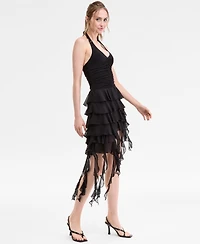 Emerald Sundae Juniors' Asymmetric Ruffled Halter Bodycon Dress