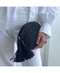 Adornia Navy Raffia Moon Clutch