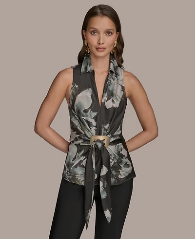 Donna Karan New York Women's Printed Sleeveless Faux-Wrap Hardware Top