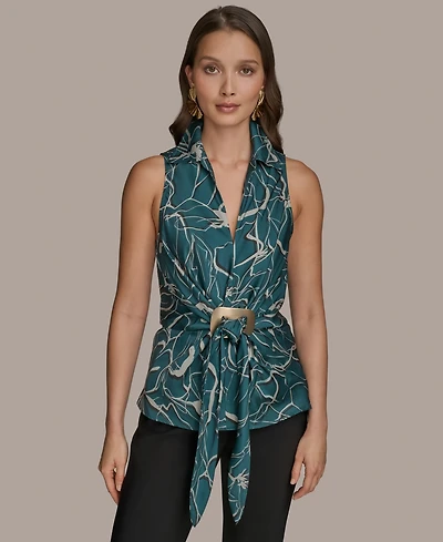 Donna Karan New York Women's Printed Sleeveless Faux-Wrap Hardware Top