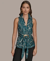 Donna Karan New York Women's Printed Sleeveless Faux-Wrap Hardware Top