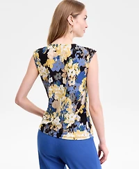 Kasper Women's Printed Pleated-Neck Cap-Sleeve Top