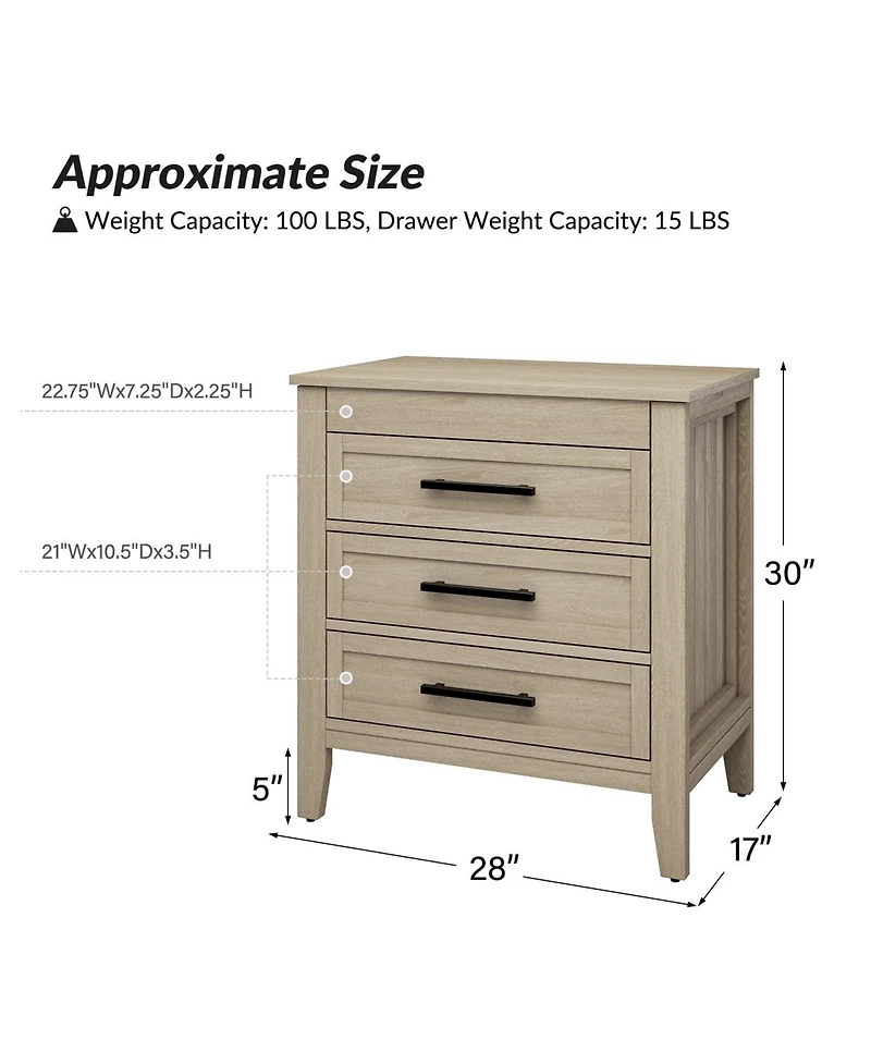Hulala HomeTheresa Transitional 3-Drawer Nightstand with Hidden Pull-out Drawer