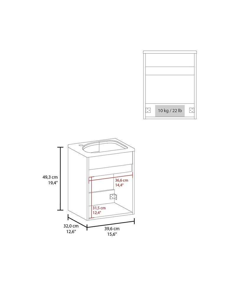 Fm Furniture White Bathroom Floating Vanity with Sink, 1 Door, White