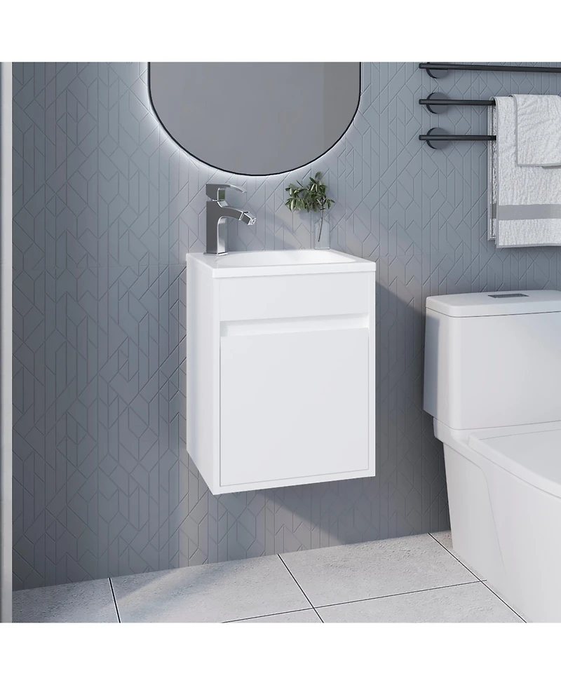 Fm Furniture White Bathroom Floating Vanity with Sink, 1 Door, White