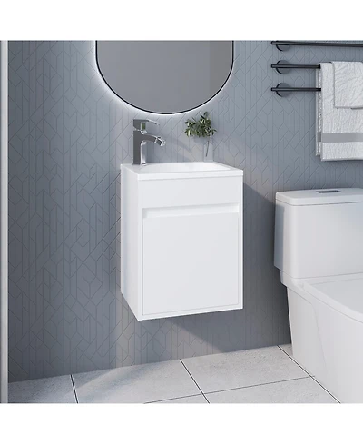 Fm Furniture White Bathroom Floating Vanity with Sink, 1 Door, White