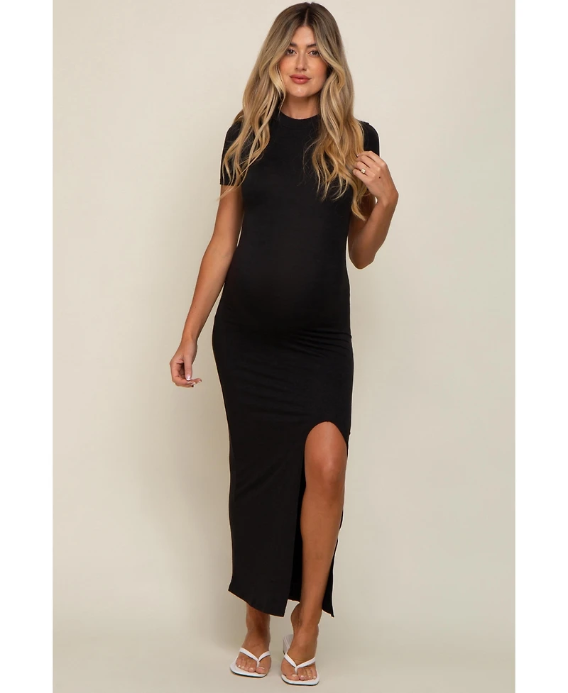 Pinkblush Black Mock Neck Front Slit Short Sleeve Maternity Maxi Dress