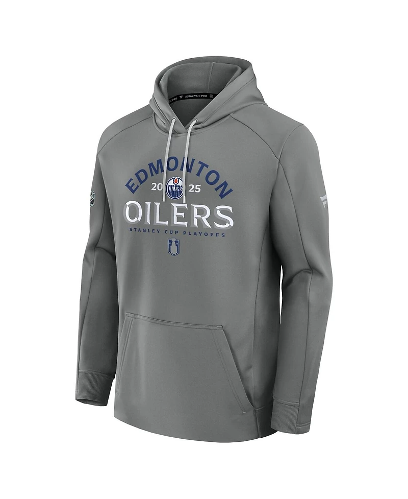 Fanatics Men's Gray Edmonton Oilers 2025 Stanley Cup Playoffs Authentic Pro Rink Fly Fleece Pullover Hoodie