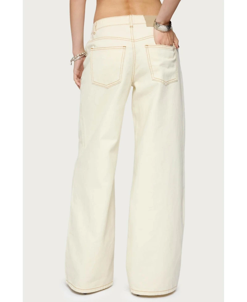 Edikted Women's Contrast Stitch Low Rise Wide Leg Jeans