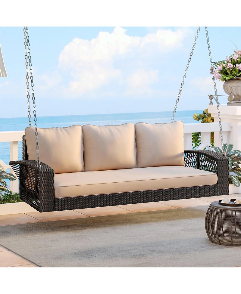 69" Pe Wicker 3-Person Porch Swing with Cushions