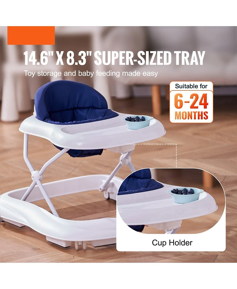 Slickblue Kids Anti-Rollover Foldable Baby Walker with Adjustable Height Wheels and Feeding Tray