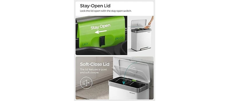 Songmics Home 16 Gallon Dual Compartment Trash Can with Removable Buckets, White