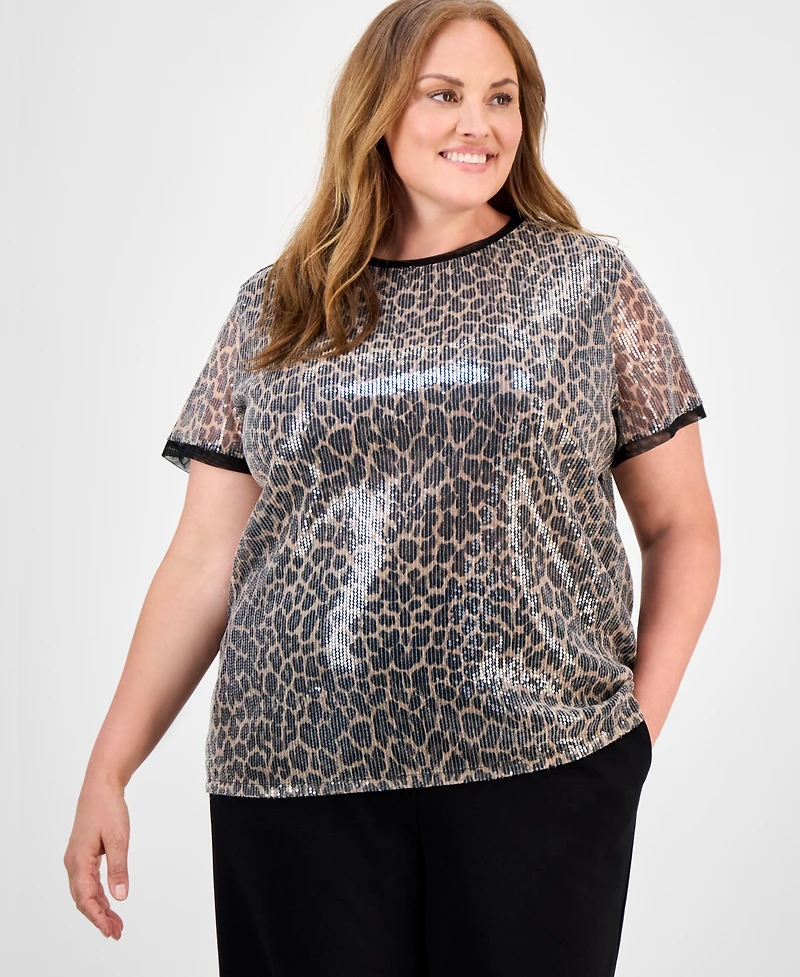 Anne Klein Plus Animal-Print Sequin Top