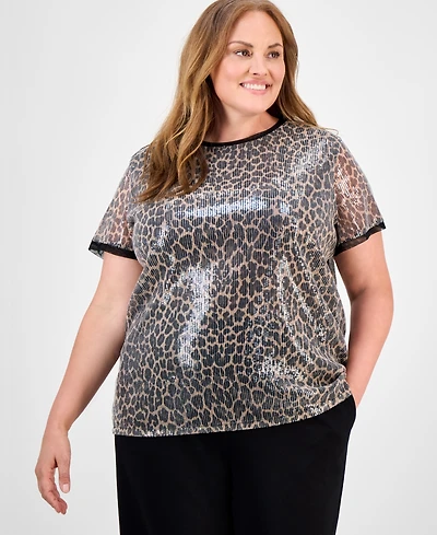 Anne Klein Plus Animal-Print Sequin Top