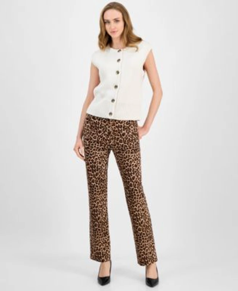 Anne Klein Womens Cap Sleeve Cardigan Animal Print Bootcut Pants