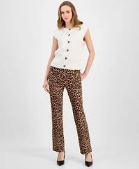 Anne Klein Womens Cap Sleeve Cardigan Animal Print Bootcut Pants