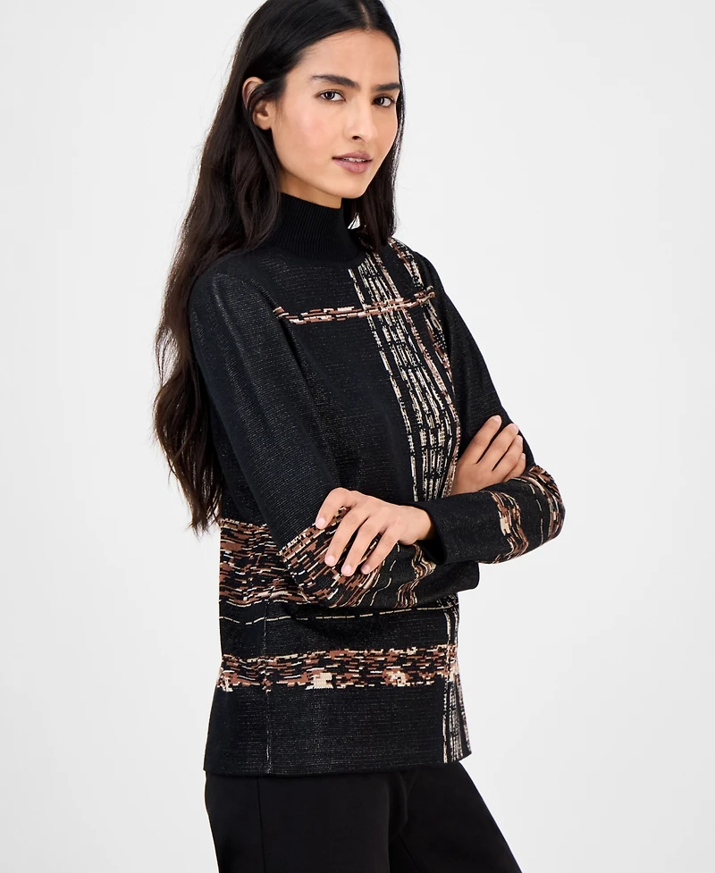 Anne Klein Women's Abstract Plaid Long-Sleeve Turtleneck Sweater