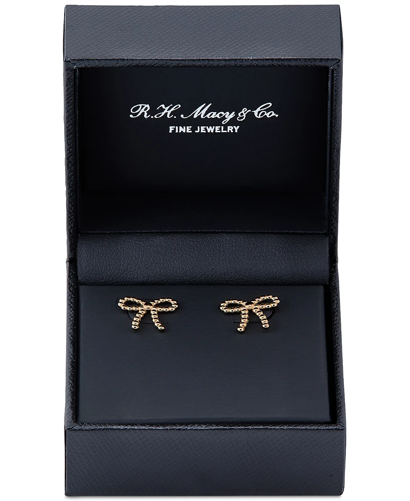 Polished Beaded Bow Stud Earrings in 10k Gold
