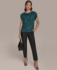 Donna Karan New York Women's Short-Sleeve Embroidered Sequined Top