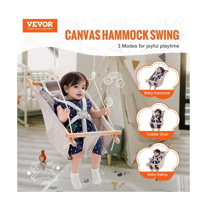 Slickblue Toddler Canvas Hammock Swing 3 Modes Swing 5-Point Harness Indoor Outdoor