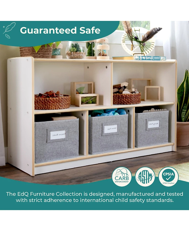 Guidecraft EdQ 2-Shelf 5-Compartment Storage 24" - White: Wooden Classroom and Playroom Bookshelf with Bins for Kids Toys Books