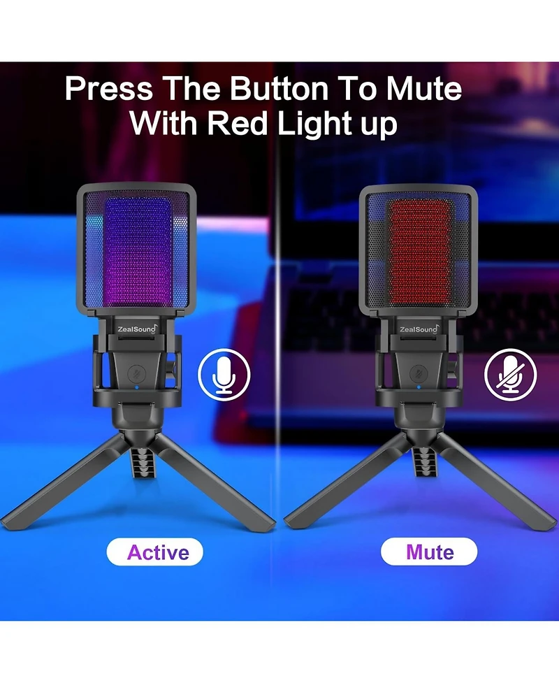 ZealSound Gaming Usb Microphone for Pc,Rgb Condenser Computer Mic w/ Tripod Stand,Gain Control for Gaming,Streaming,Podcasting,Asmr,Cardioid Mic Kit