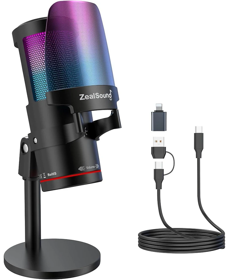 ZealSound Gaming Usb Microphone, Noise-Canceling Condenser Mic with Rgb, Touch Mute, Gain, Monitoring for Streaming, Podcast