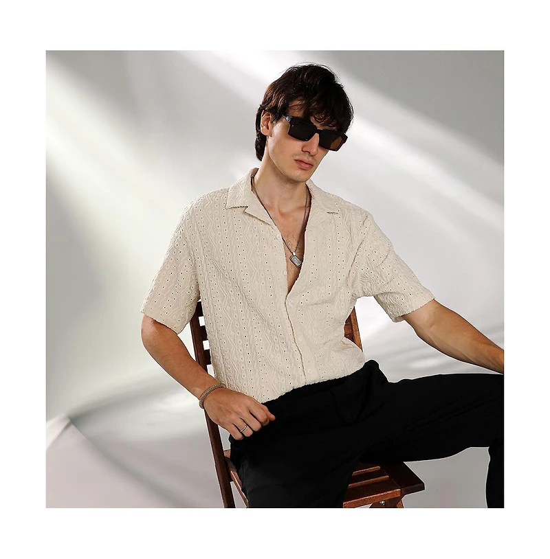 Campus Sutra Men's Off-White Aztec-Textured Shirt