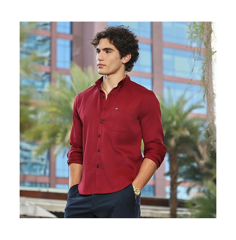 Campus Sutra Men's Ruby Red Houndstooth-Tactile Shirt