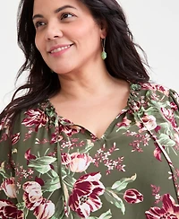 Style & Co Plus Floral Printed Puff-Sleeve Blouse, Macy's Exclusive