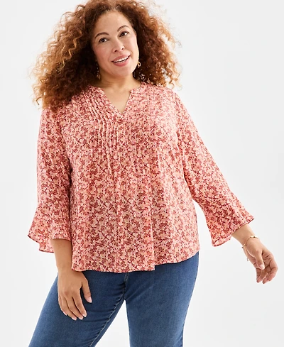 Style & Co Plus Printed Pintuck V-Neck Top, Macy's Exclusive