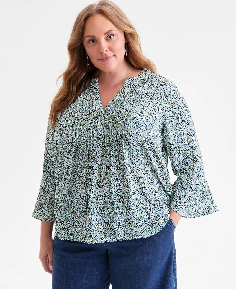 Style & Co Plus Printed Pintuck V-Neck Top, Macy's Exclusive