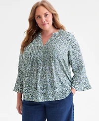 Style & Co Plus Printed Pintuck V-Neck Top, Macy's Exclusive