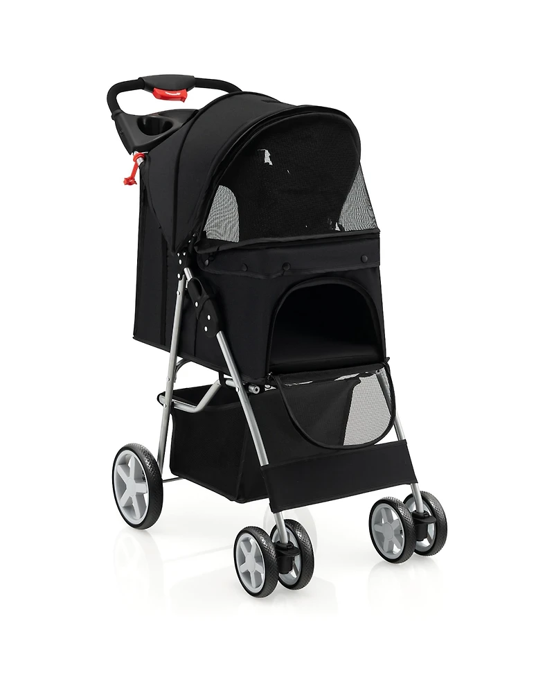 Gymax Folding Pet Stroller 4-Wheel Travel Carrier w/Storage Basket