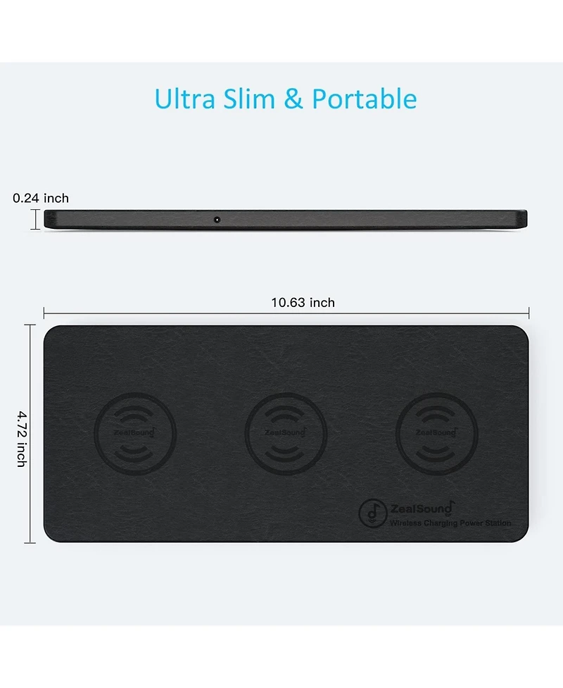 ZealSound Wireless Charging Pad Ultra-Slim Triple Charger Station for Multiple 3 Device & New Airpods Ultra Slim Pu Leather Mat W/Ac Adapter for Phone