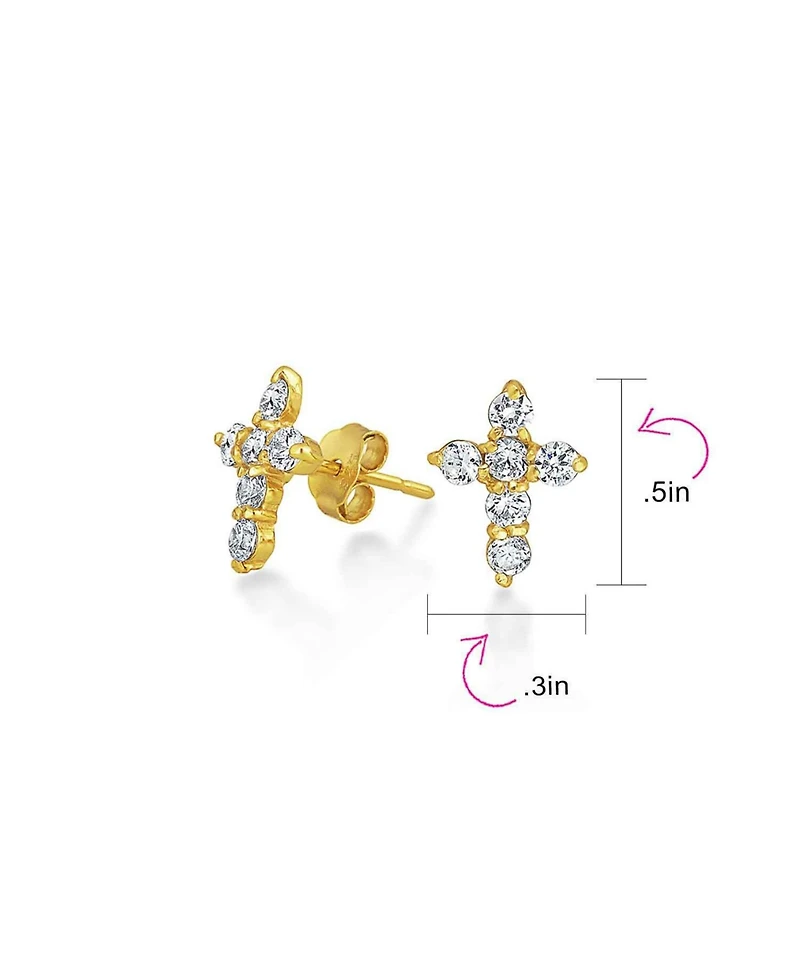 Bling Jewelry Minimalist Petite Religious Small Cz Cross Stud Earrings Cubic Zirconia Gold Plated .925 Sterling Silver