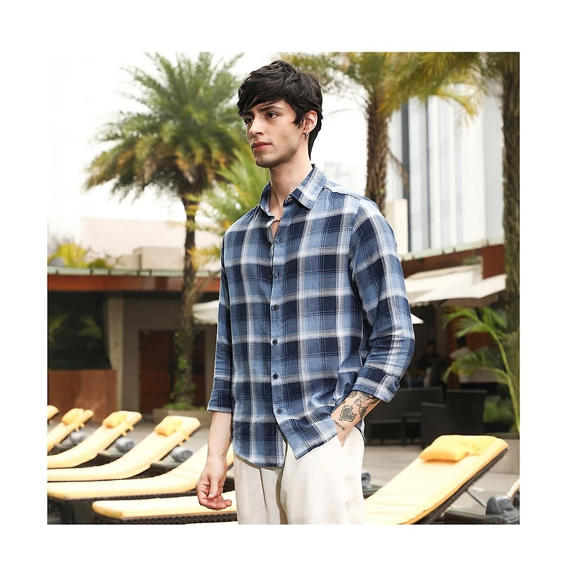 Campus Sutra Men's Navy Blue & Off-White Multi-Checkered Shirt