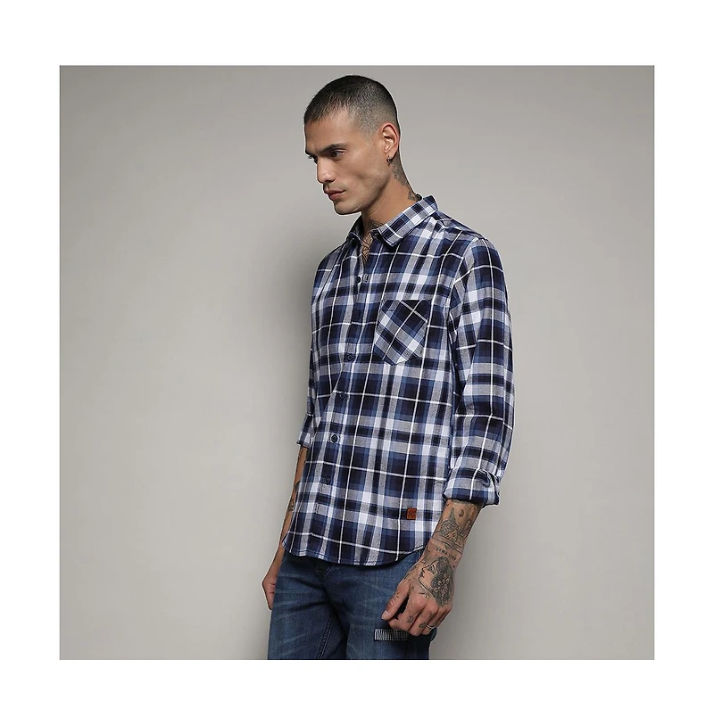 Campus Sutra Men's Navy Blue Tartan Plaid Shirt